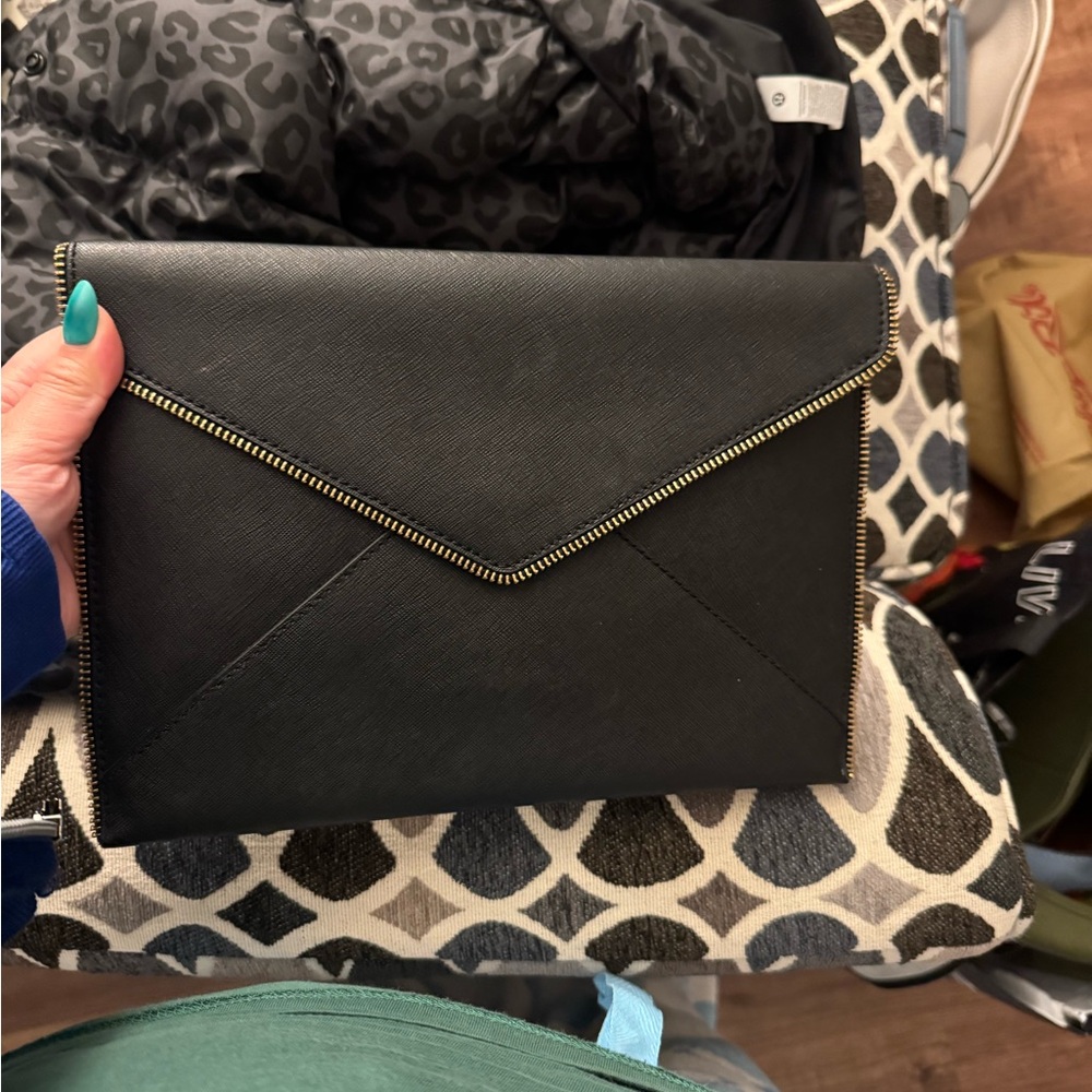 Rebecca Minkoff Black Envelope Clutch Gold Zip Evening Bag
